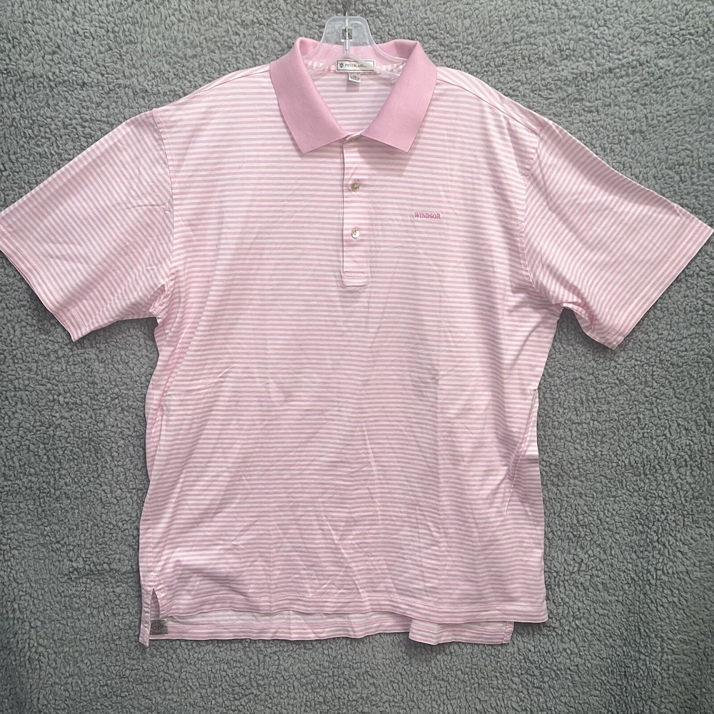Peter Millar Shirt Men's Size XL Pink White Striped Short Sleeve Stretch Polo
